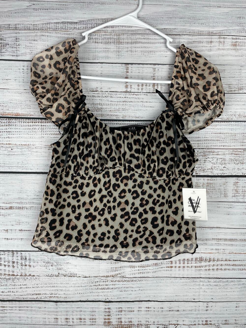 Vibe Leopard Sheer Top Crop Babydoll Medium NEW Festival Boho Western Coquette